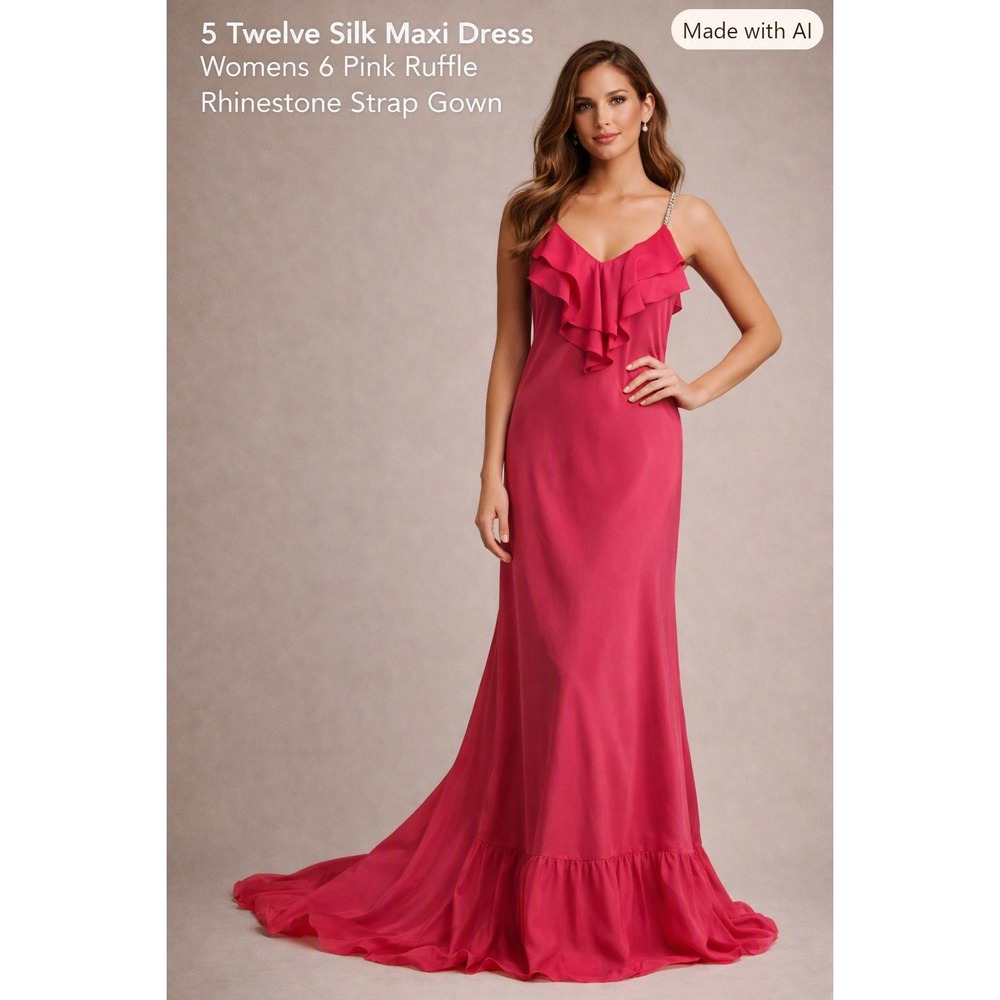 Silk Maxi Dress Womens 6 Pink Ruffle Rhinestone Strap Gown Prom Event Romantic
